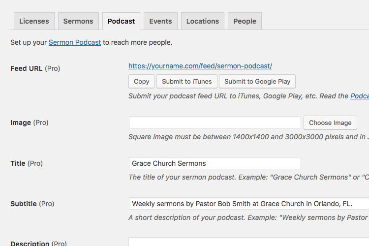 Sermon podcast setting for Church Content WordPress plugin