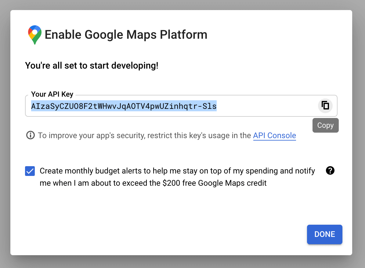 Google Maps API Key Copy